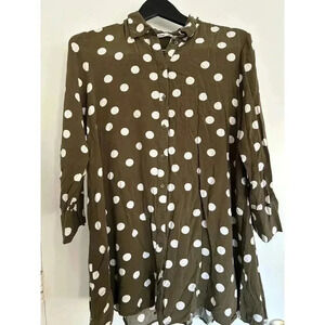 Lefties Brown White Polka Dot Button Down Shirt Dress Long Sleeve Midi Casual XL